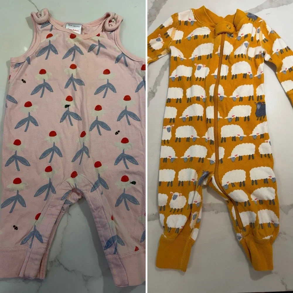 Hanna Andersson Lot Of 2 One Piece Pajama Dungarees 3-6 Months Sheep Daisies